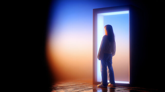 Woman standing in a glowing rectangular doorway looking into a bright misty light
