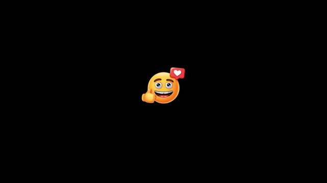 Three yellow emojis with thumbs up and heart notification icons floating against a solid black background with background while maintaining displaying thumbs gestures video three animated animation