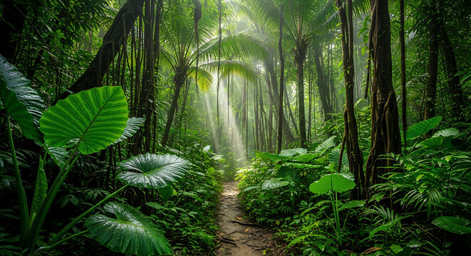 Tropical Rainforest Trail with Sunlight Filtering Through Lush Green Vegetation and Vines