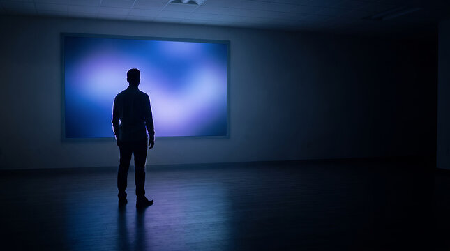 Silhouette of a man standing in a dark room watching a large glowing screen