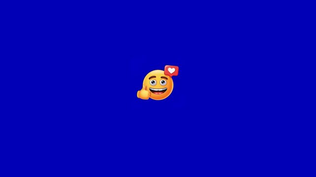Three yellow circular emojis with thumb up gestures and heart icons on blue background with emojis smiling expressions gestures appearing against video three communication interaction collection
