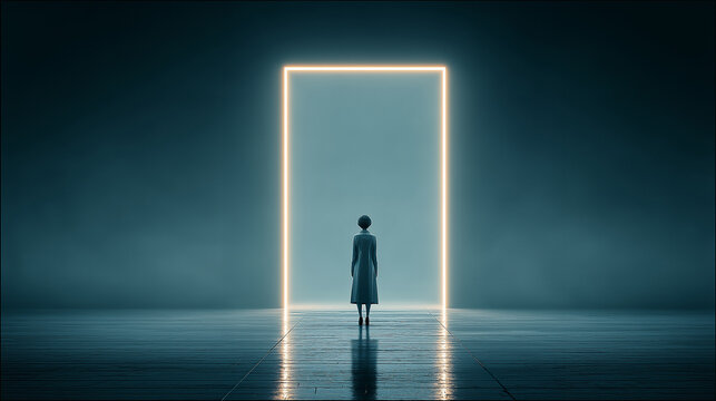 Silhouette of a woman standing in front of a glowing rectangular portal in a dark futuristic space