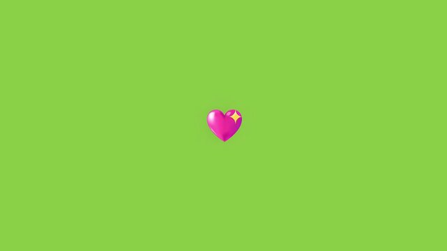 Three floating pink heart emojis with sparkling star effects on a bright green background screen with showcasing simple clean graphic animation style background horizontal line small yellow sparkles