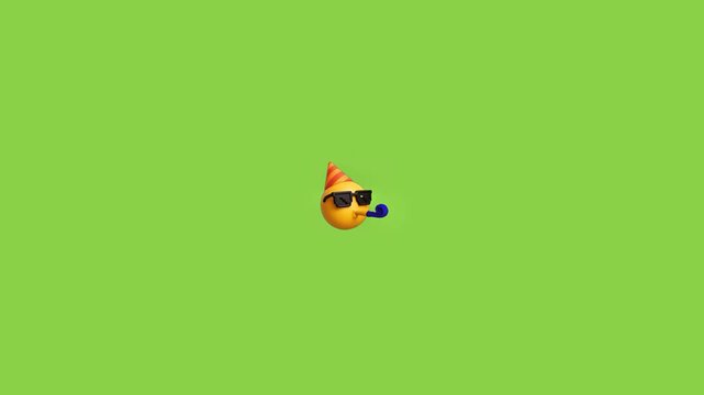 Three identical 3d yellow emoji faces wearing party hats and sunglasses on a green background with sunglasses arranged horizontal horizontal row against celebration minimalist expression emoticon
