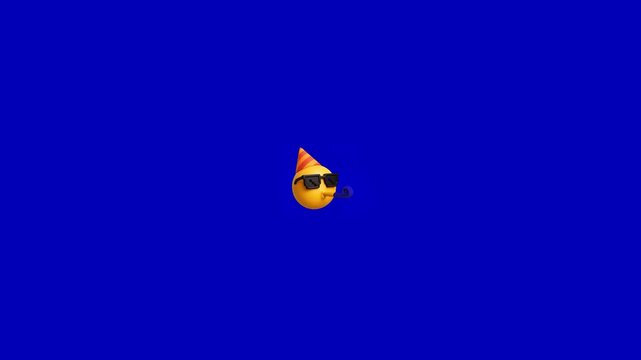 Three identical yellow emoji heads wearing party hats and sunglasses blowing party horns on blue with arranged horizontal line festive celebration concept solid blue background three dimensional