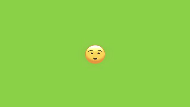 Three different yellow emoticons floating in a row against a solid bright green background screen with emoticons displaying various while floating horizontally various facial expressions collection
