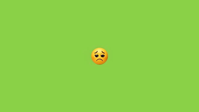 Sad emojis with pleading eyes floating in a horizontal line against a bright green background with slowly straight horizontal three identical yellow line across solid face emojis wide illustrative