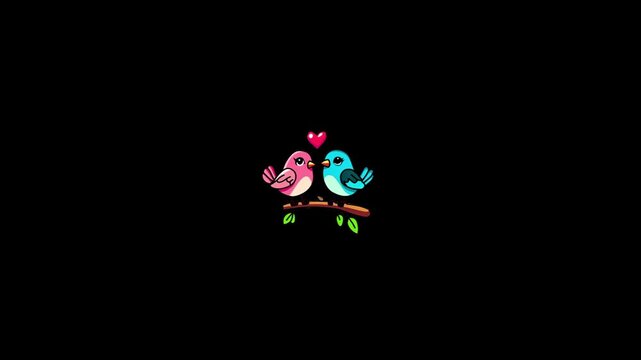 Three identical pairs of cartoon birds with hearts perched on branches against a black background with three repeating instances cute colorful cartoon heart symbol floating video displays three