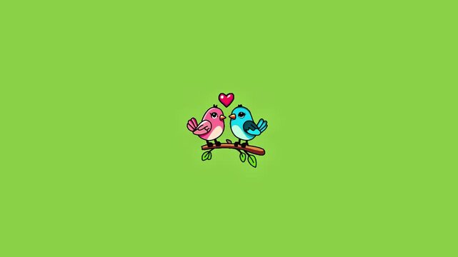 Three pairs of cute cartoon birds sitting on tree branches against a solid green background with captured simple horizontal layout three identical animated set against vibrant heart perched tree