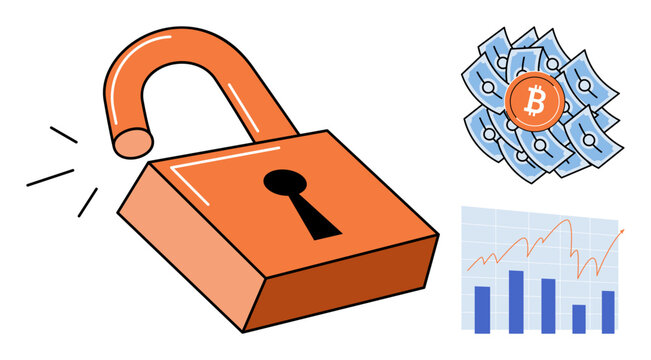 Open padlock with bitcoin and financial chart vector illustration. Digital security, investment growth, blockchain technology, crypto assets, market analysis, financial freedom. Unlocked lock