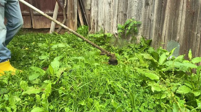 Brush Cutter Resting Across Grass in a Garden Yard