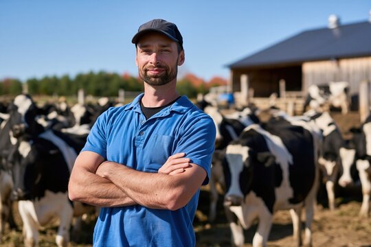 The Confident Farmer Standing Among Cattle on a Bright Rural Farm