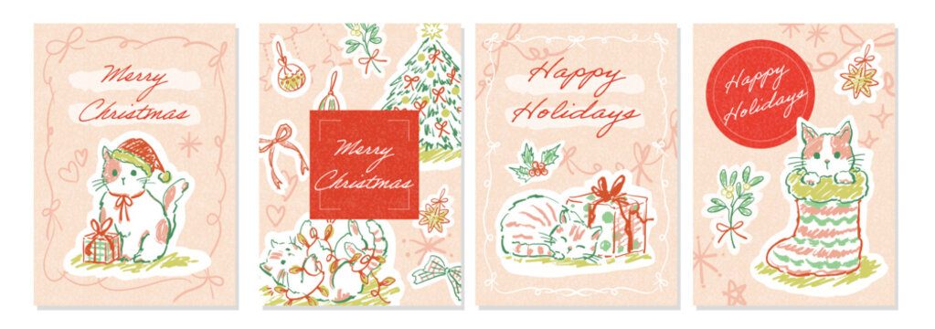 Cute Christmas and Holiday Card Template Set with Hand-Painted Doodle-Style Cat and Christmas Motif Line Art, Vector Format