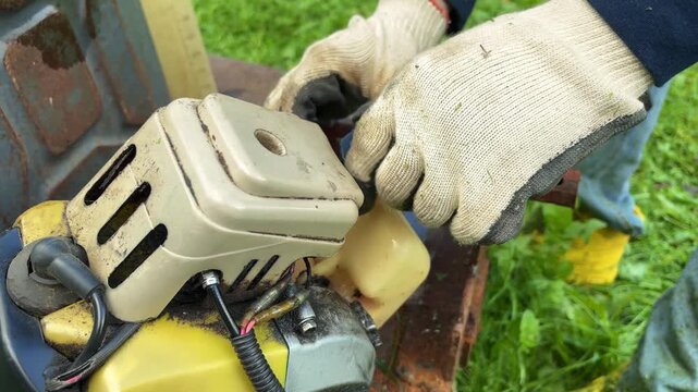 Gloved Worker Preparing a Brush Cutter for Yard Work