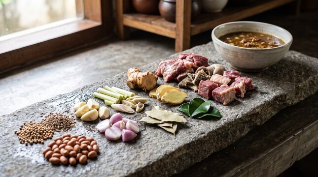 Key Coto Makassar ingredients including roasted peanuts, beef and aromatic spices arranged for cookbook design, recipe development, culinary education and food marketing.