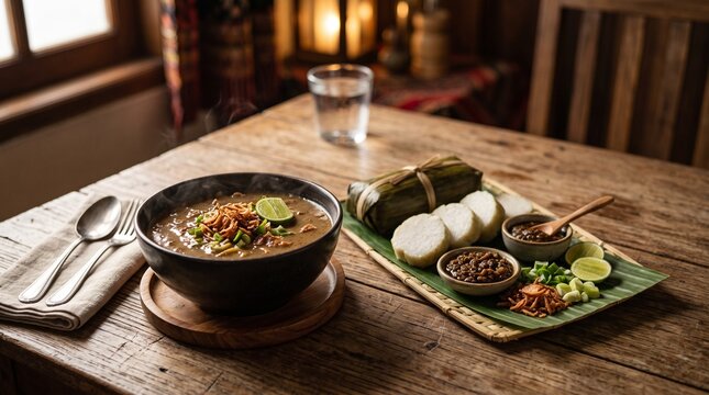 Coto Makassar served with ketupat, burasa, lime and traditional condiments for restaurant menus, hospitality advertising, culinary tourism and food marketing.
