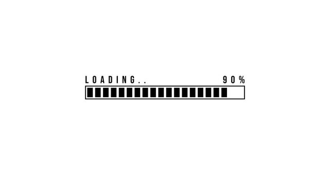 Retro loading bar animation with dynamic percentage and text status indicator. This minimalist black and white graphic screen is perfect for video intro or technological overlay.