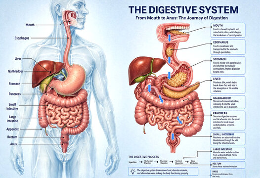 Human Digestive System Journey From Mouth To Anus Detailed Diagram Illustration