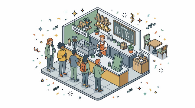 Modern Isometric Coffee Shop Cafe Interior Barista Serving People Queue Illustration