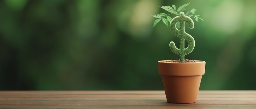 Green plant growing in pot with dollar symbol.