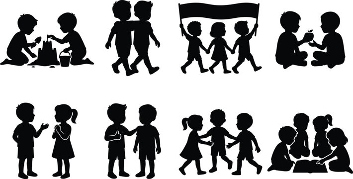 Children Friendship and Play Activities Silhouette Collection Vector Illustration Set
