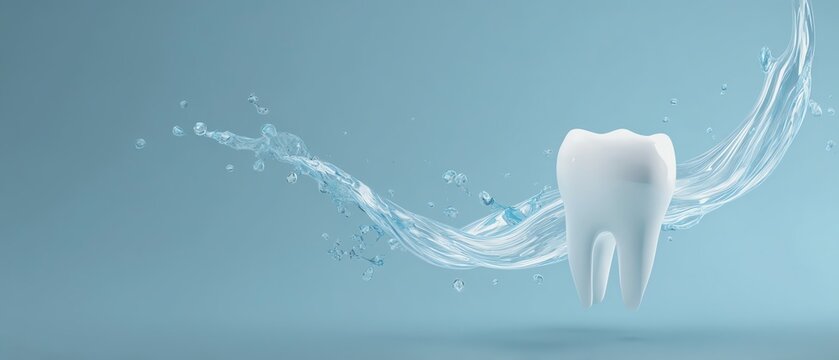 Tooth with water splash on blue backdrop.