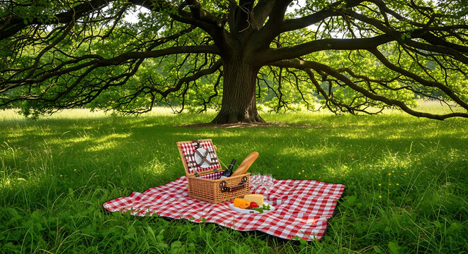 Picnic Basket and Blanket Under a Large Shady Oak Tree in a Meadow