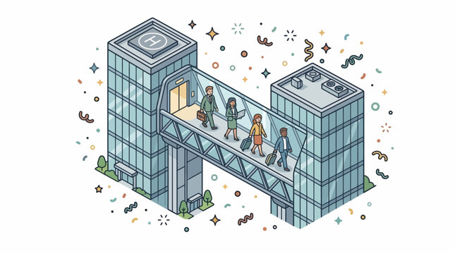 Business People Walk Skybridge Between Modern Urban City Office Towers