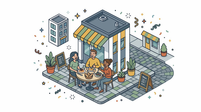Friends Eat Outdoor Cafe Isometric Vector Urban City Life Illustration