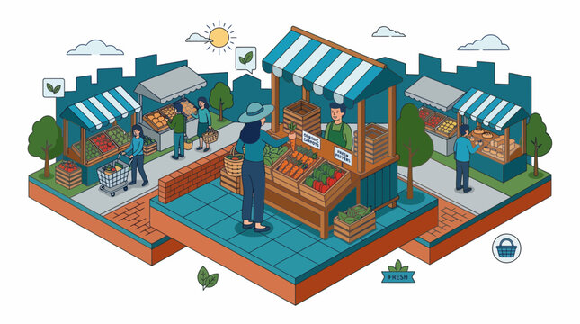 Fresh organic food market stall isometric vector illustration people buying