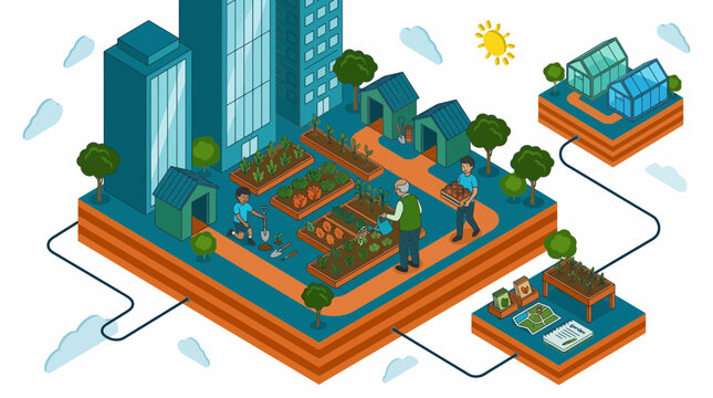 Urban Farming Community Garden City Agriculture Sustainable Green Living Isometric Vector