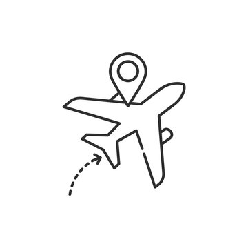 Minimal airplane icon with location pin and dashed route arrow for travel and logistics concepts