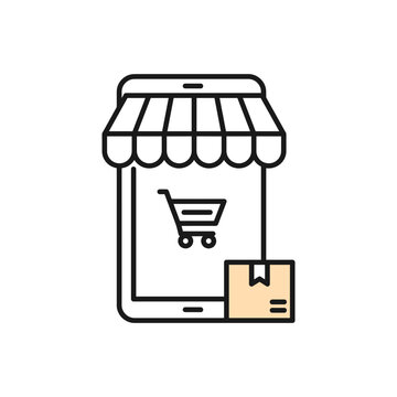 E-commerce mobile shopping icon with smartphone, awning, cart, and delivery box on white background