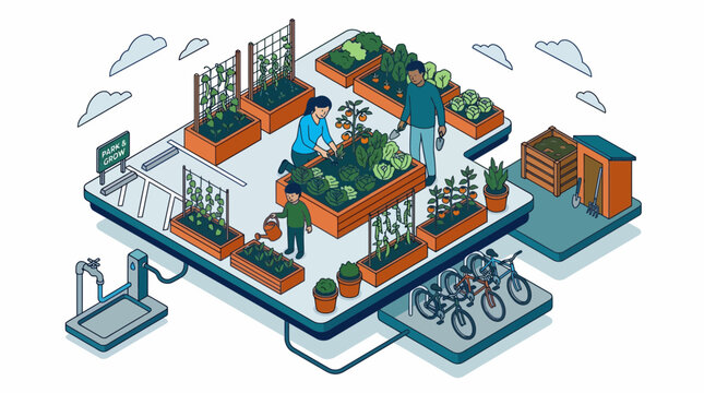 Urban Community Garden People Planting Vegetables In Isometric Sustainability Design