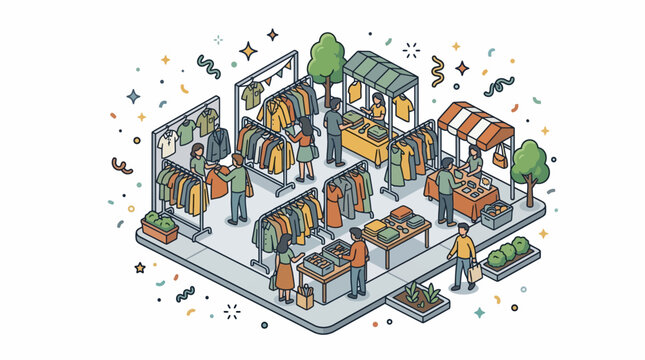 Outdoor Weekend Flea Market People Shopping Clothes Fashion Street Fair