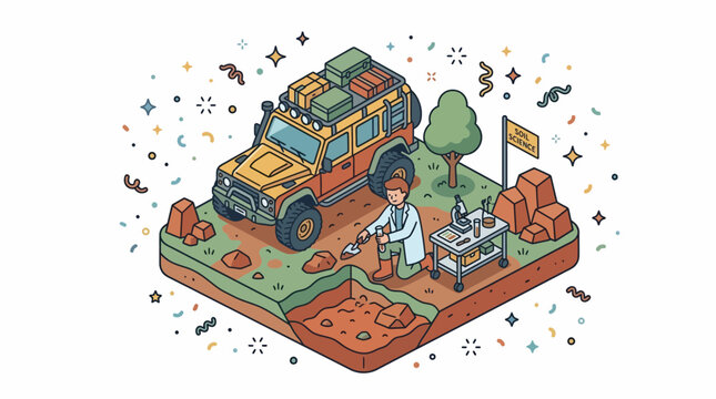 Soil Research Lab Scientist Truck Isometric Vector Field Study Art