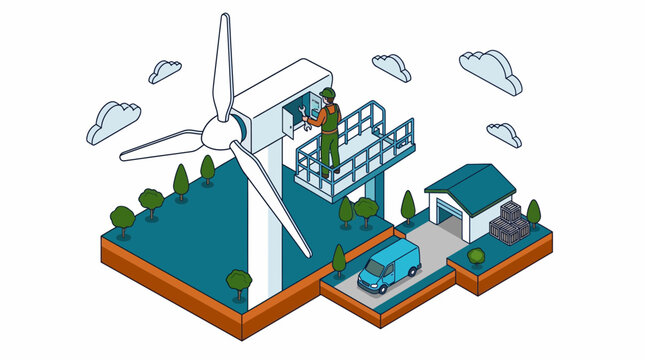 Wind turbine repair engineer isometric vector green energy tech power