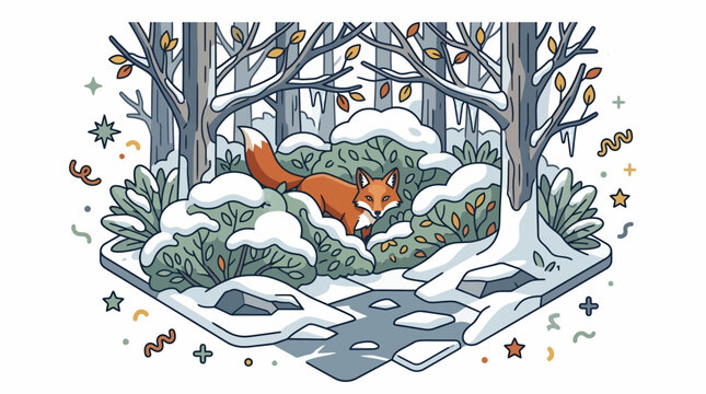 Red Fox In Winter Snowy Forest Background Vector Art Illustration