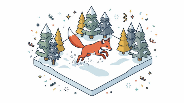Fox Running Through Snowy Winter Forest Isometric Vector Art Illustration