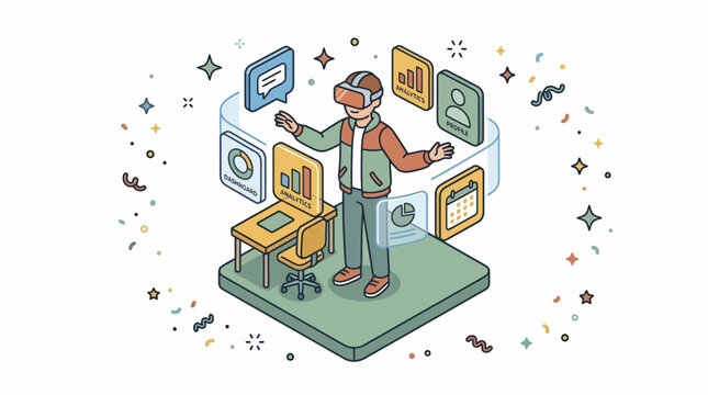 Man using virtual reality headset exploring digital interface data analytics