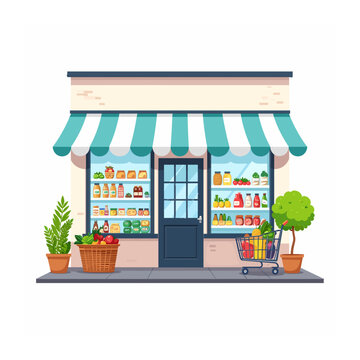 Flat vector illustration of a modern grocery store facade with striped awning and fresh produce