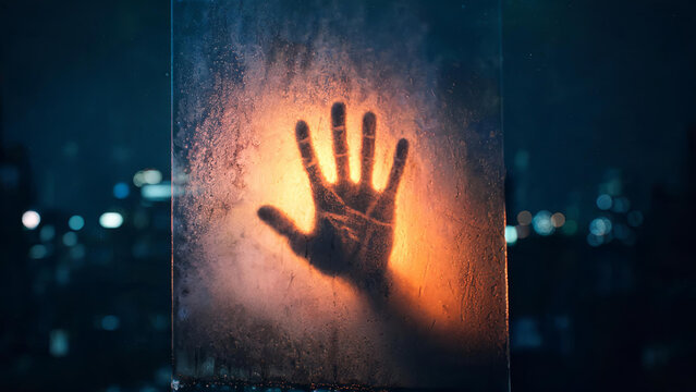 A hand silhouette pressed against a foggy glass surface, with warm backlight and blurred city bokeh in the dark background.