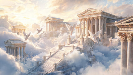 Fototapeta premium Majestic ancient Greek-style temples and angels float above clouds, bathed in soft golden light, forming a divine ethereal scene.