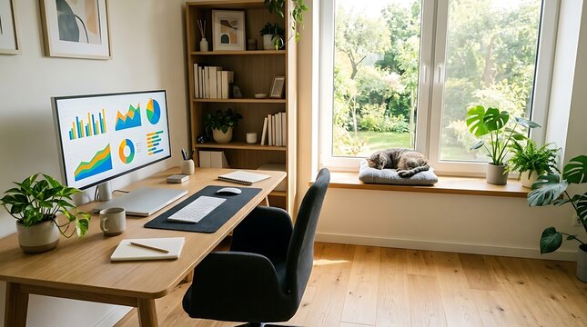 Modern home office workspace with computer and sleeping cat