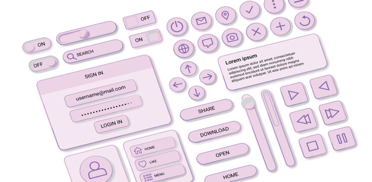 Glassmorphism interface. Transparent glass UI frames. Abstract gradient UI UX user button, bar, frame, templates for website, mobile app, social media. Vector set