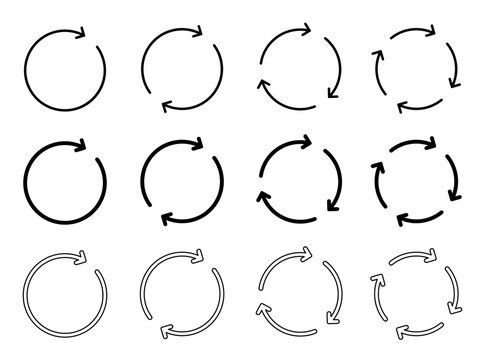 Circular arrow icon set isolated on transparent background. 1, 2, 3, 4 rotating arrows for refresh, reload, repeat, redo, recycle, sync, loop, loading, circular process, and rotation symbols vector.	