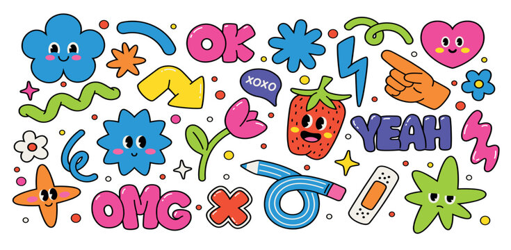 Funky stickers. Abstract groovy elements. Cartoon funny characters, cute shapes, comic flowers, doodle hipster cloud, happy pencil. Patches, trendy labels, decorative tags. Vector set