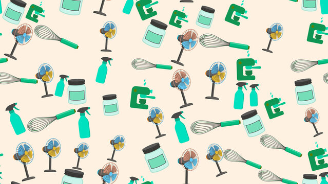 Seamless pattern of kitchen and cleaning tools