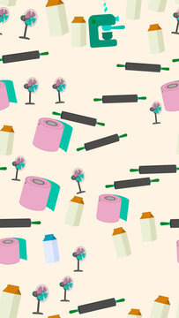 Seamless pattern of rolling pins, fans, milk cartons, and toilet paper