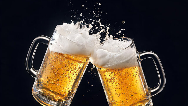 Two glass beer mugs clink, creating splashes of foamy golden beer against a dark background, capturing a celebratory toast moment.
